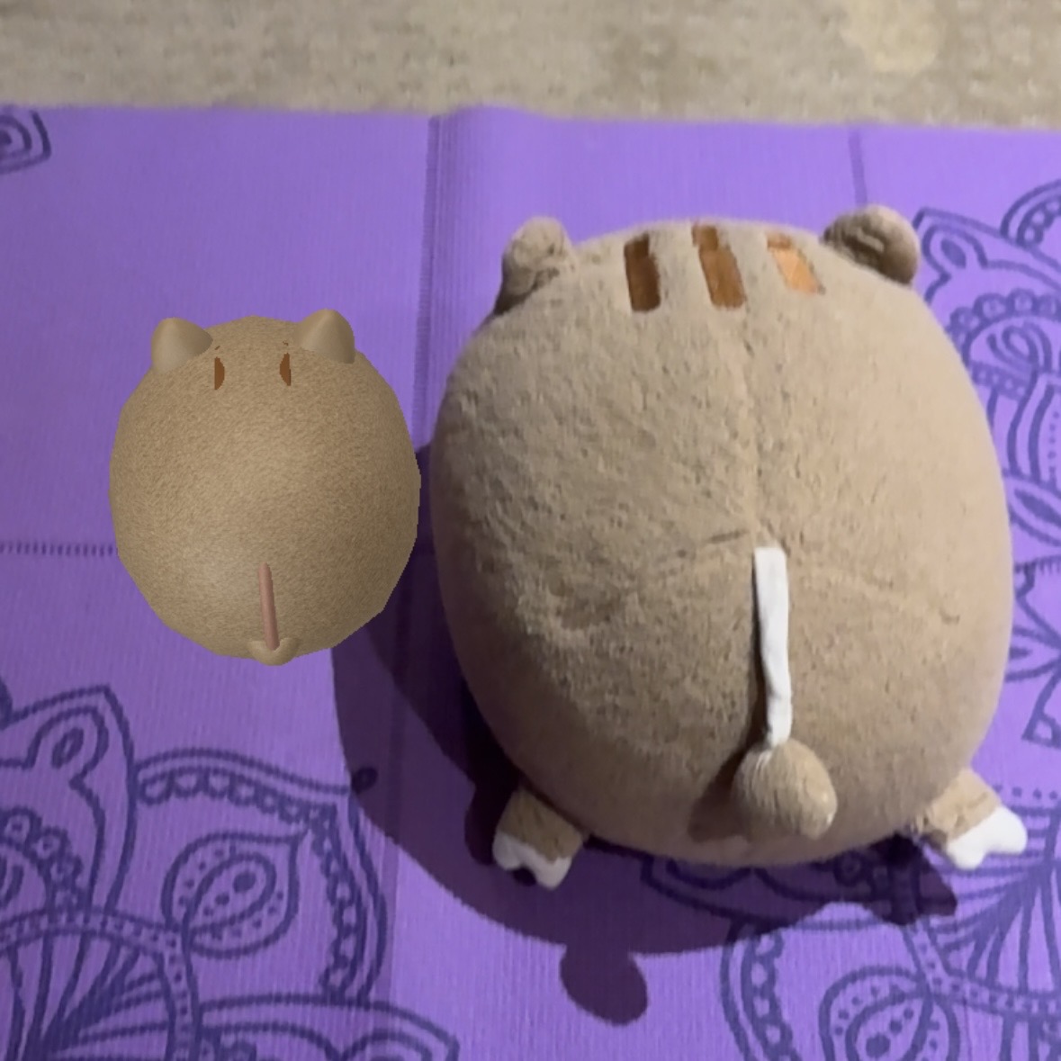 The back side of the AR pig and the real toy pig, their tails are all heart shape