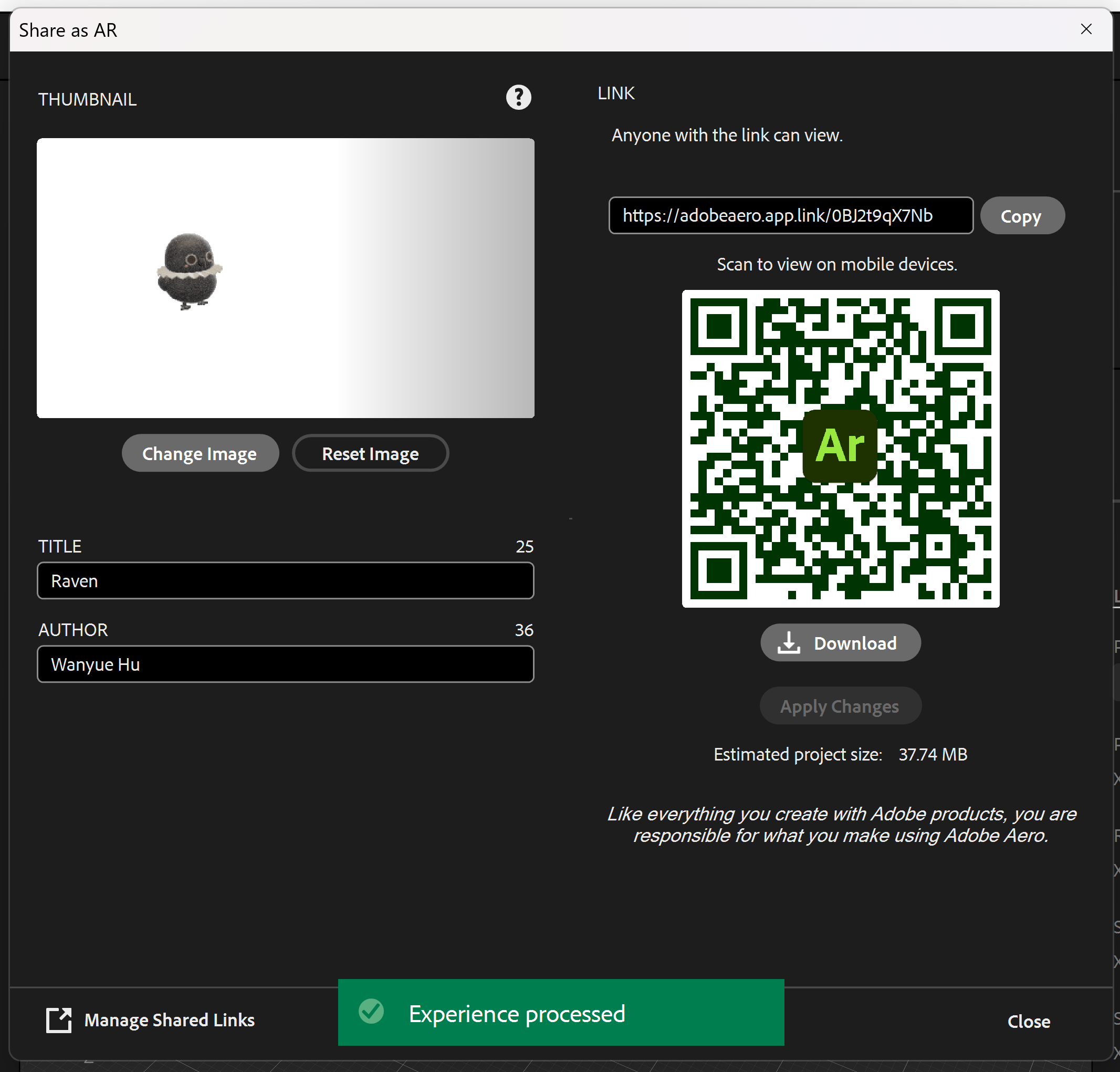 pCreating share link and QR code for user devices to scan and see the ar work